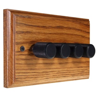 Classic Wood 4 Gang 2Way Push on/Push off 4 x 250W/VA Dimmer Switch in Medium Oak with designer Black Retro Knob